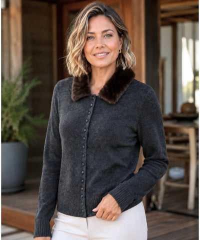 Comprar cardigan feminino tricot slim manga longa gola pelo sintético removível botões forrados inverno barato em promoção ANELLIMN