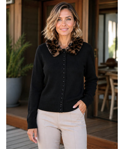 Comprar cardigan feminino tricot slim manga longa gola pelo sintético removível botões forrados inverno barato em promoção ANELLIMN