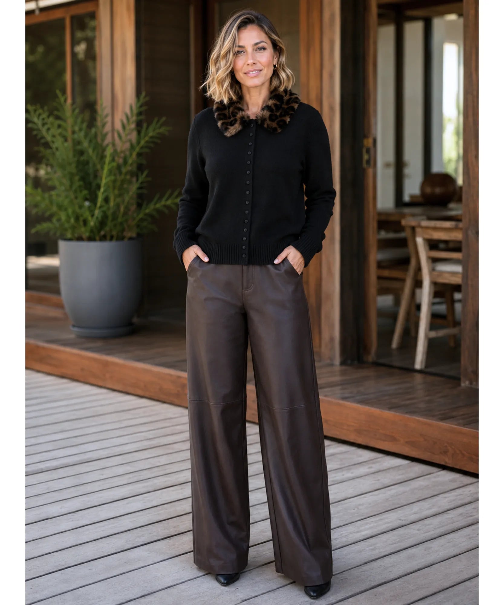 Comprar cardigan feminino tricot slim manga longa gola pelo sintético removível botões forrados inverno barato em promoção ANELLIMN