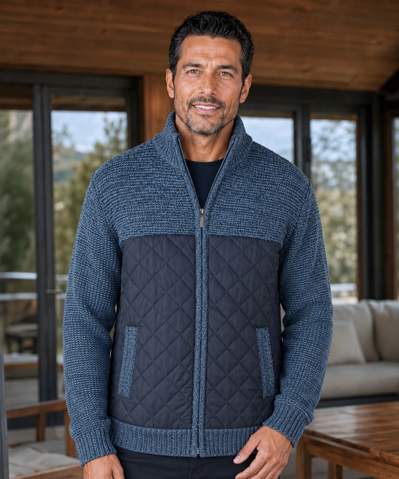 Comprar Cardigan Masculino Tricot com Zíper Gola Alta Painel Acolchoado Quentinho barato em promoção ANELLIMN