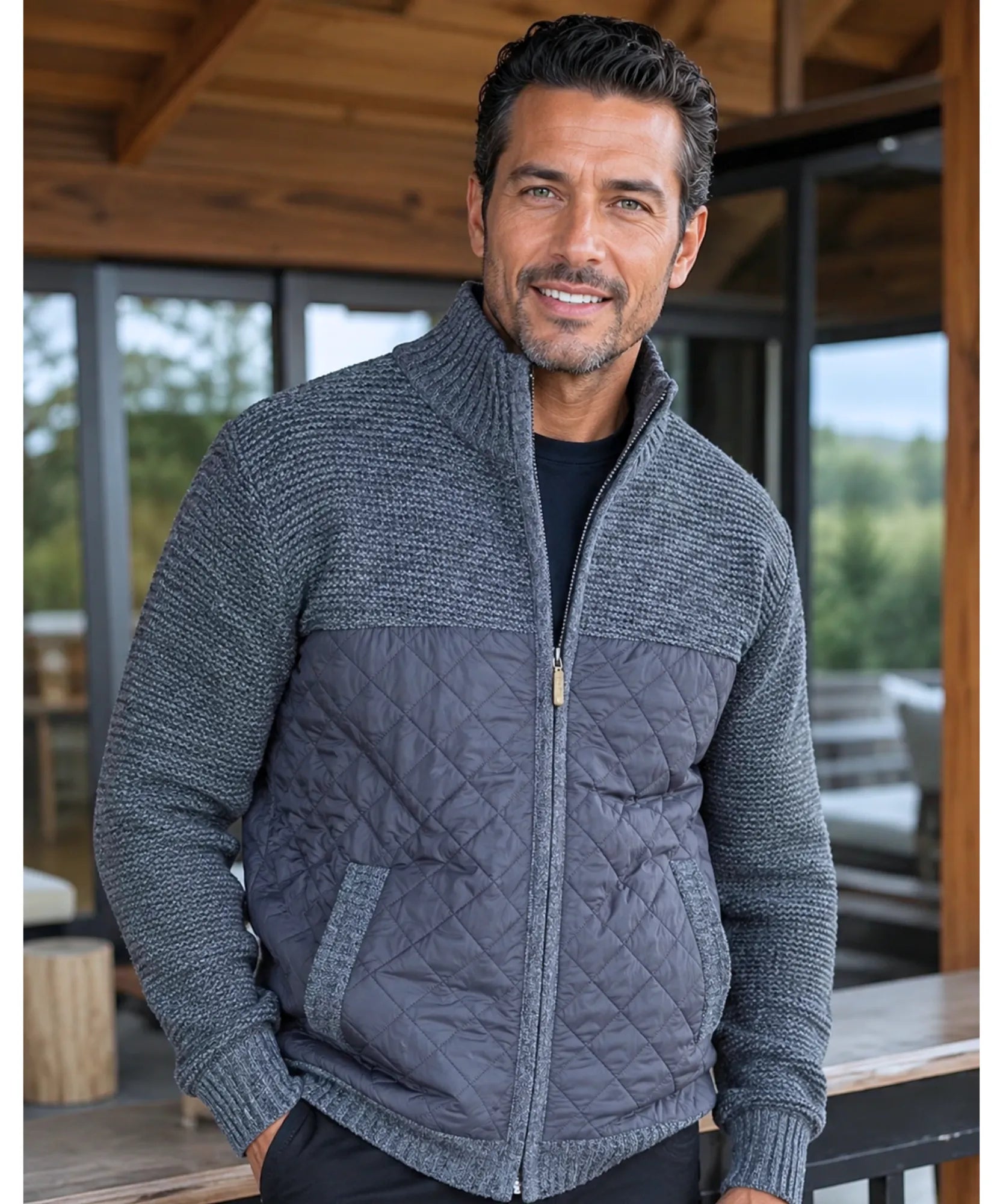 Comprar Cardigan Masculino Tricot com Zíper Gola Alta Painel Acolchoado Quentinho barato em promoção ANELLIMN