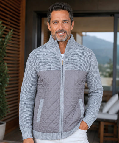 Comprar Cardigan Masculino Tricot com Zíper Gola Alta Painel Acolchoado Quentinho barato em promoção ANELLIMN