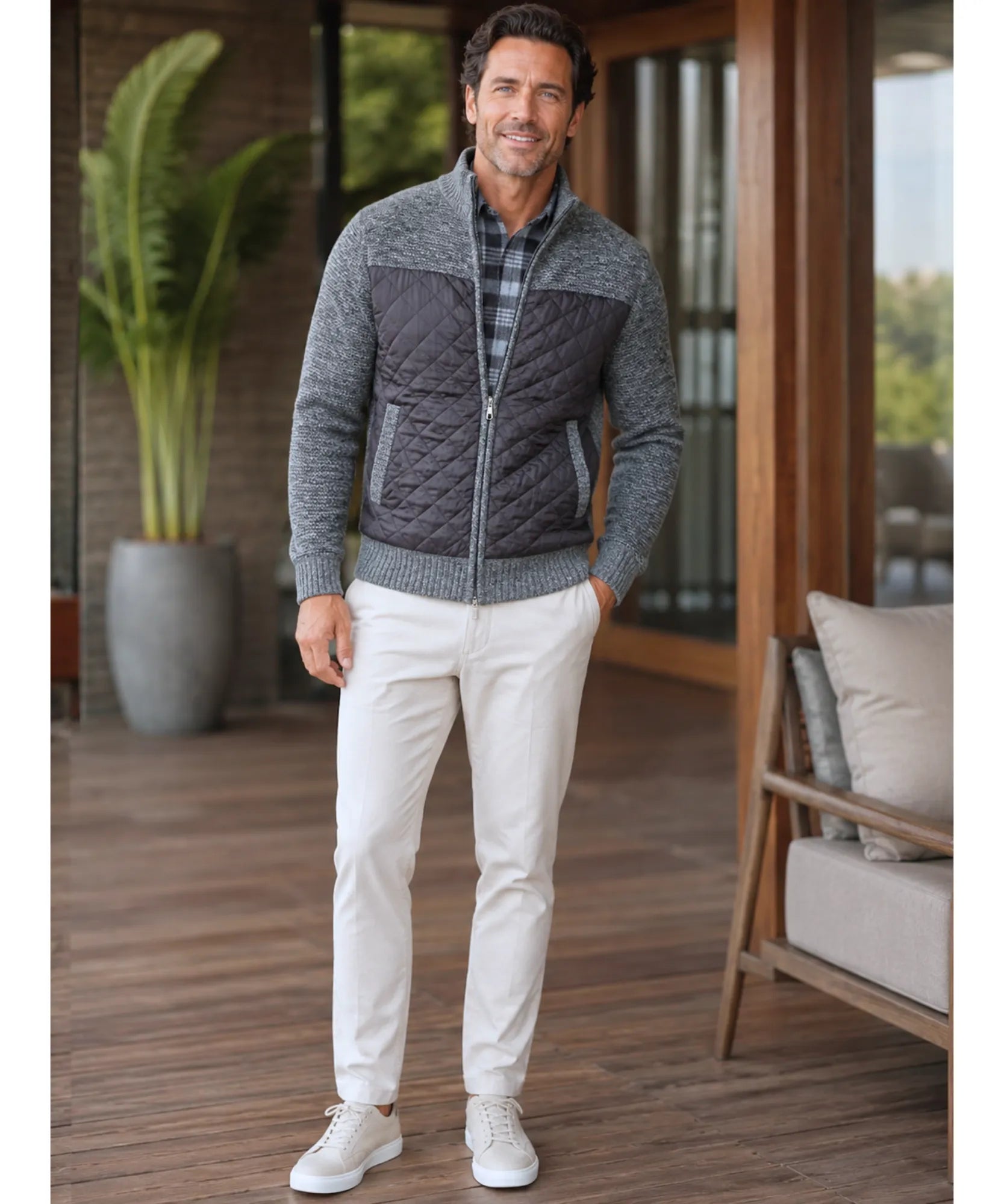 Comprar Cardigan Masculino Tricot com Zíper Gola Alta Painel Acolchoado Quentinho barato em promoção ANELLIMN