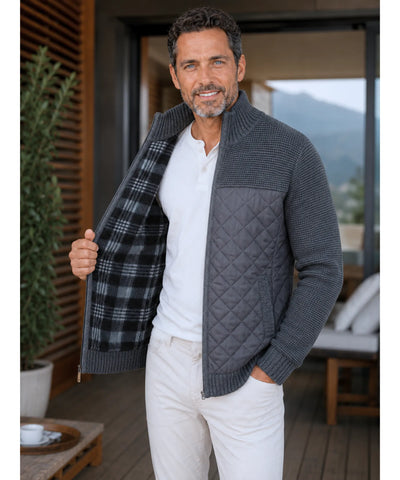 Comprar Cardigan Masculino Tricot com Zíper Gola Alta Painel Acolchoado Quentinho barato em promoção ANELLIMN