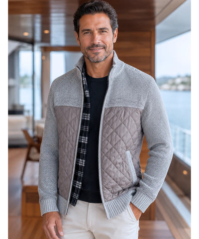 Comprar Cardigan Masculino Tricot com Zíper Gola Alta Painel Acolchoado Quentinho barato em promoção ANELLIMN