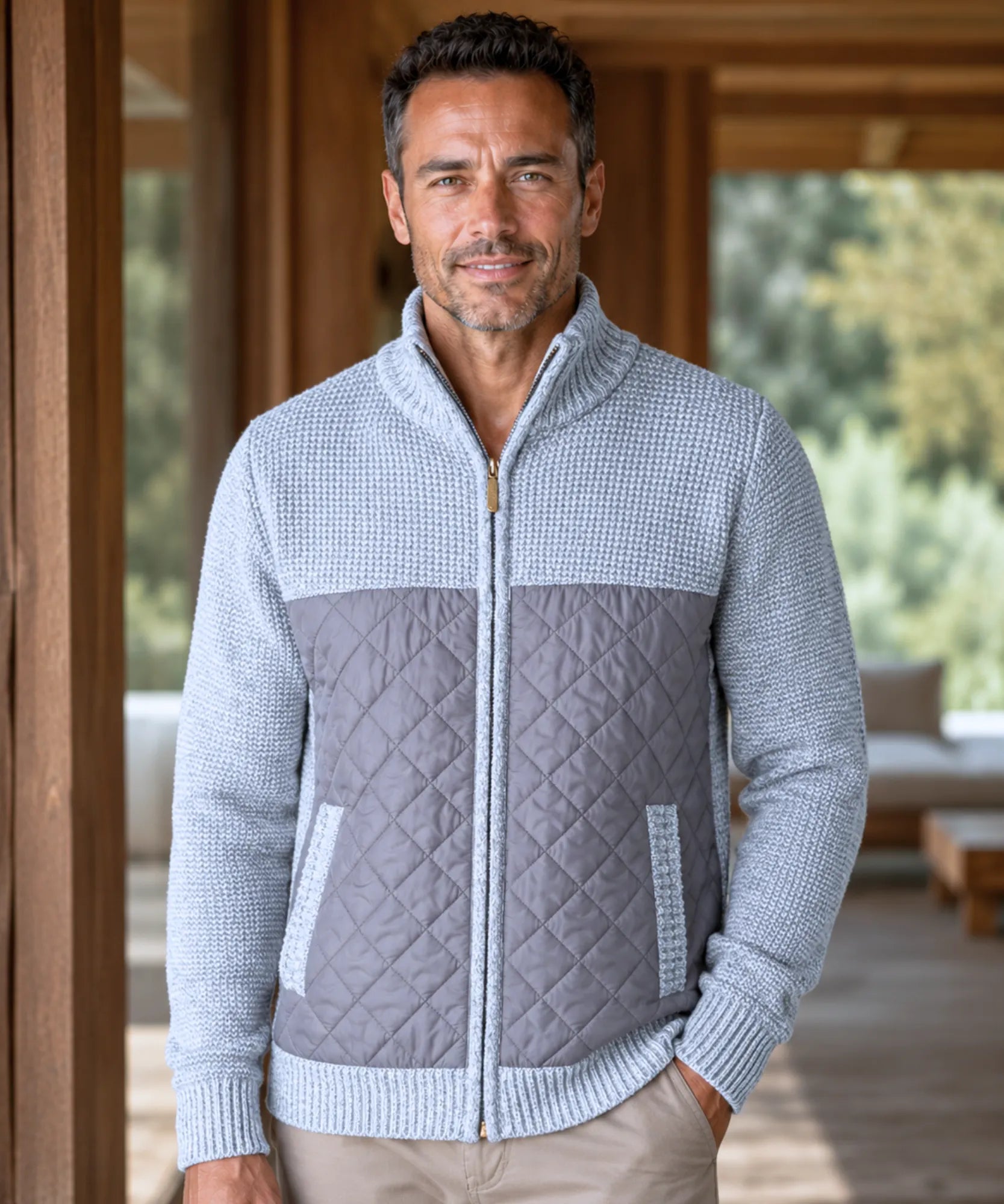 Comprar Cardigan Masculino Tricot com Zíper Gola Alta Painel Acolchoado Quentinho barato em promoção ANELLIMN