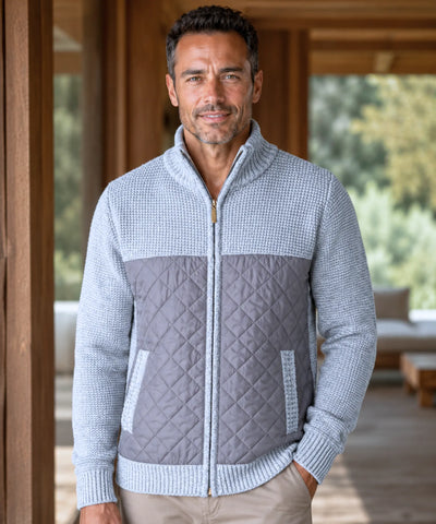 Comprar Cardigan Masculino Tricot com Zíper Gola Alta Painel Acolchoado Quentinho barato em promoção ANELLIMN