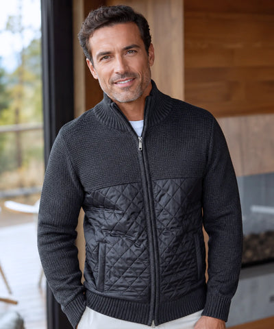 Comprar Cardigan Masculino Tricot com Zíper Gola Alta Painel Acolchoado Quentinho barato em promoção ANELLIMN