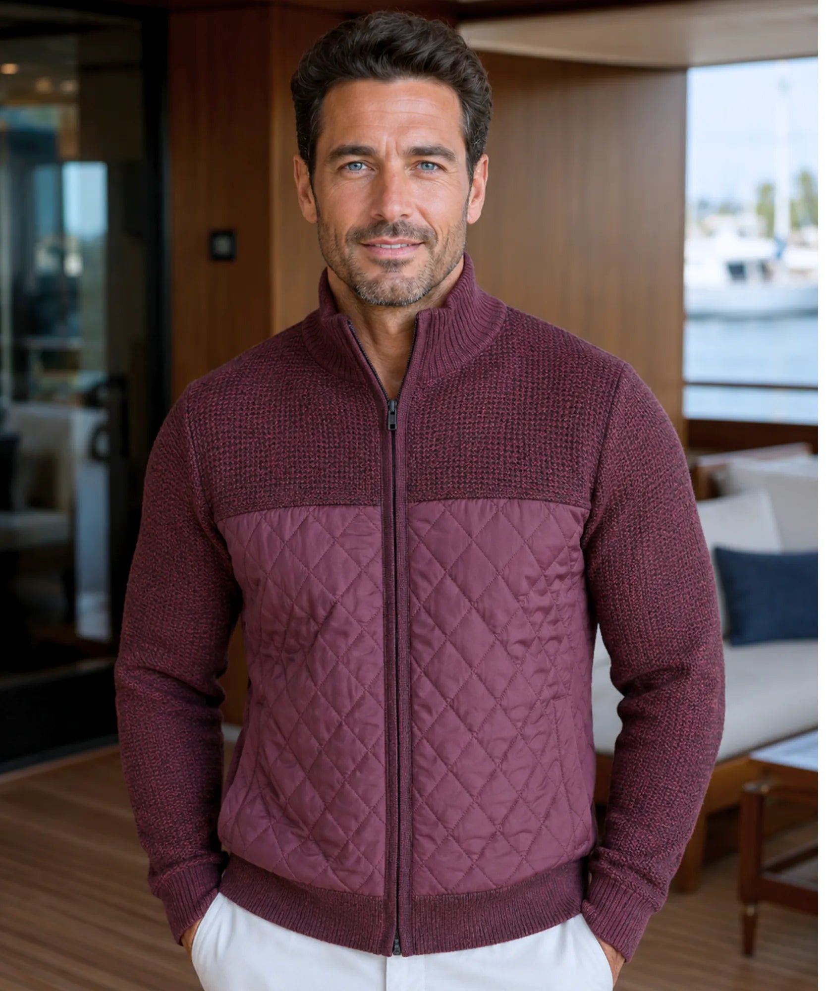 Comprar Cardigan Masculino Tricot com Zíper Gola Alta Painel Acolchoado Quentinho barato em promoção ANELLIMN