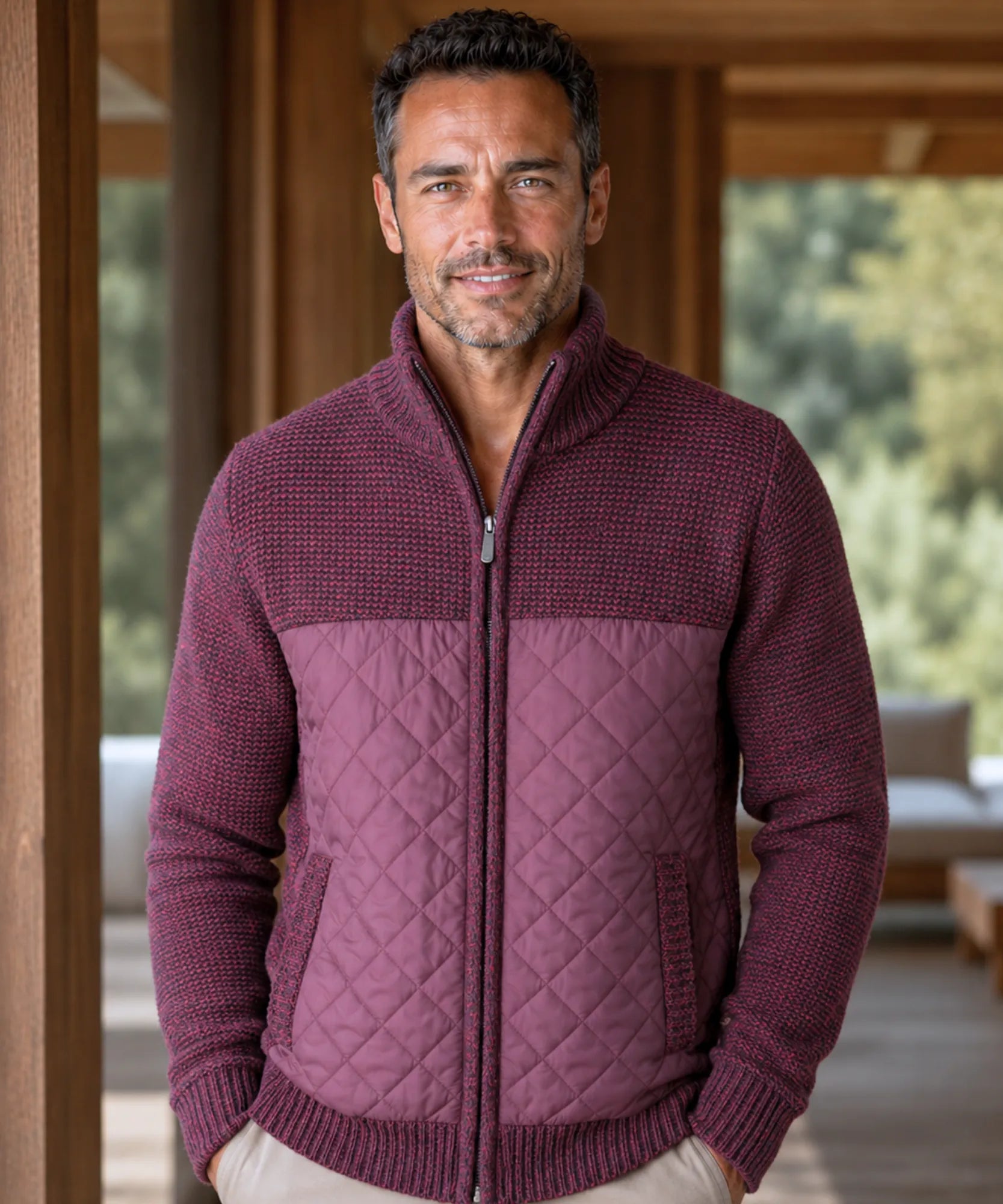 Comprar Cardigan Masculino Tricot com Zíper Gola Alta Painel Acolchoado Quentinho barato em promoção ANELLIMN