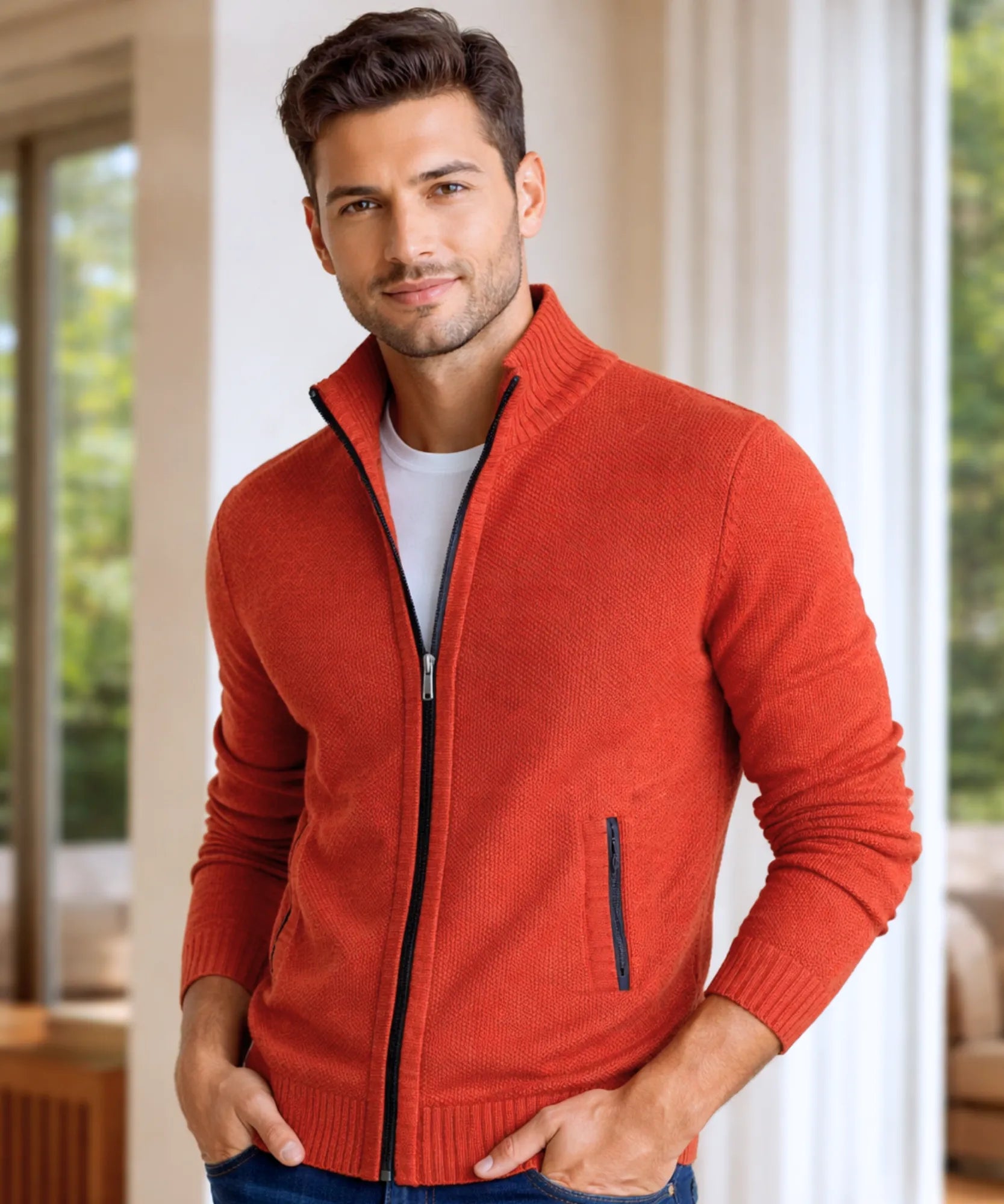 Comprar cardigan masculino tricot premium zíper social inverno elegante barato em promoção ZARA