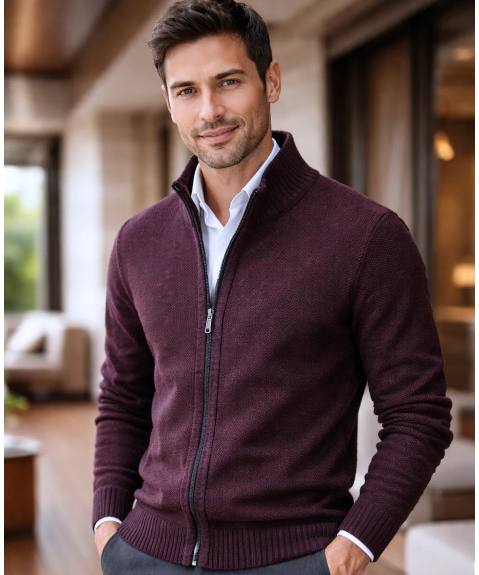 Comprar cardigan masculino tricot premium zíper social inverno elegante barato em promoção ZARA