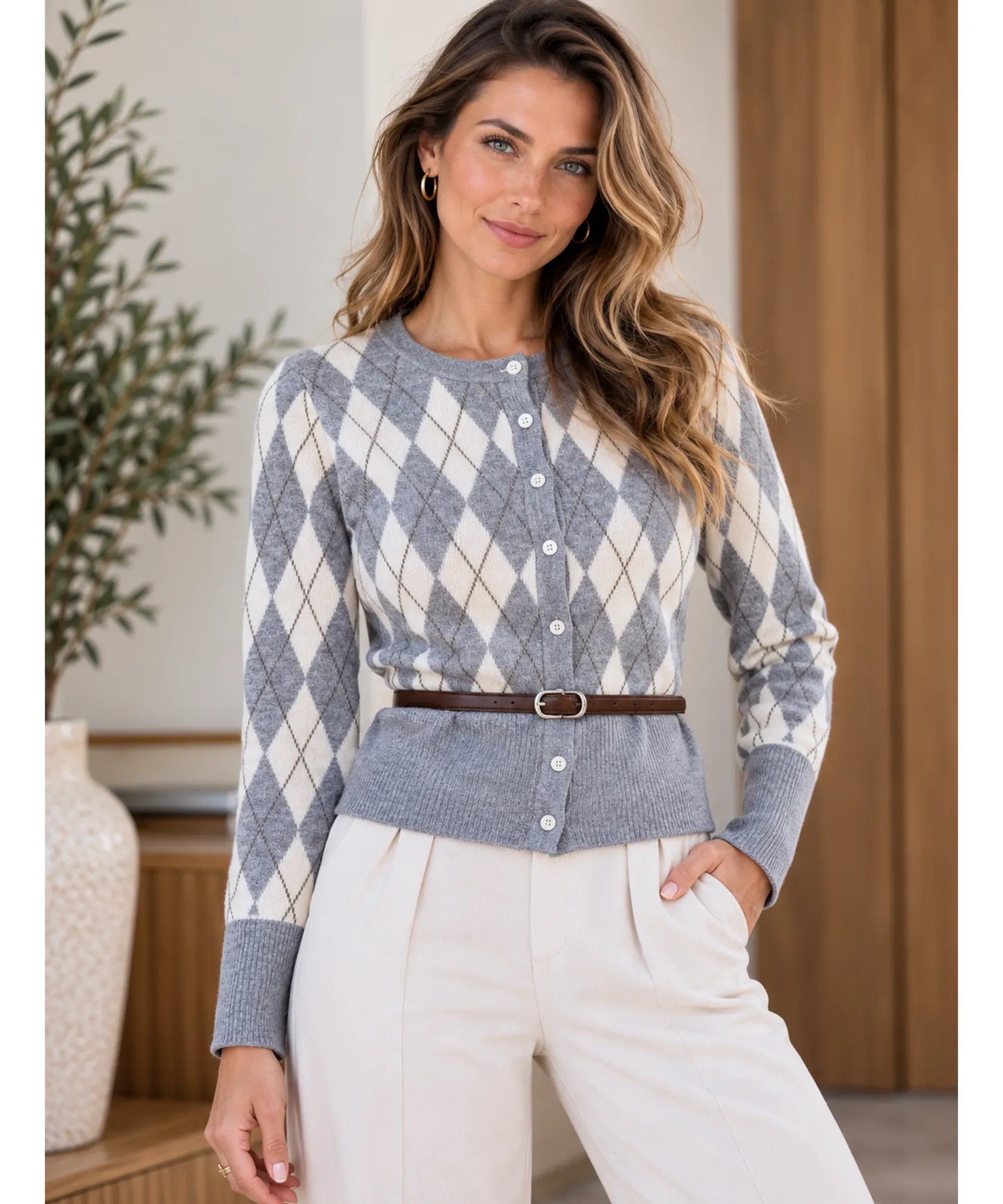 Comprar cardigan xadrez argyle feminino com cinto cinza em promoção Anellimn