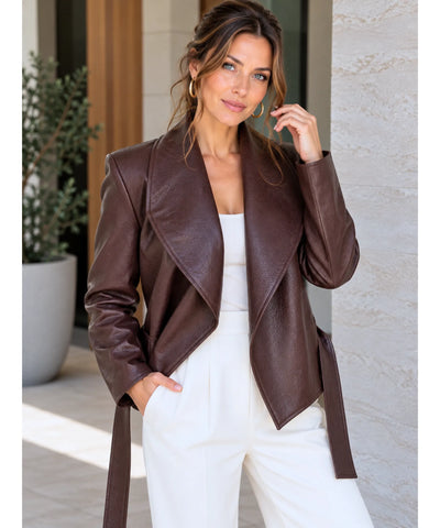Comprar casaco de couro feminino gola lapela marrom em promoção Anellimn