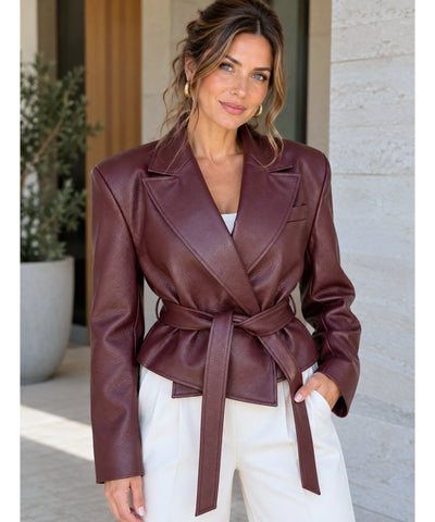 Comprar casaco de couro feminino gola lapela com cinto vinho em promoção Anellimn