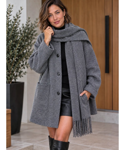 Comprar casaco de lã batida feminino com cachecol cinza em promoção Anellimn