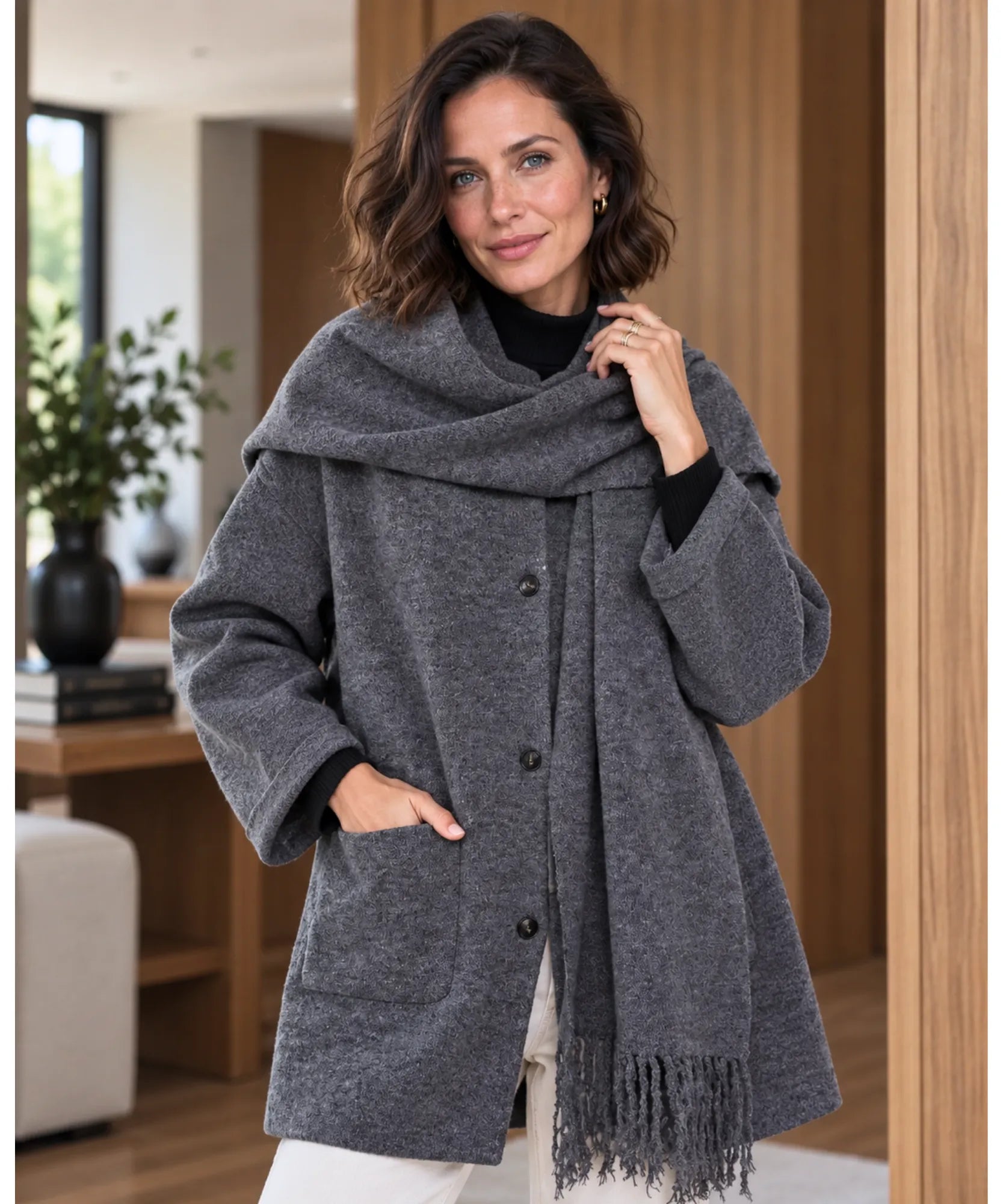 Comprar casaco de lã batida feminino encorpado cinza em promoção Anellimn