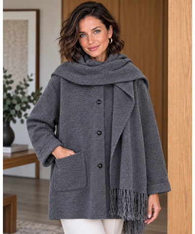 Comprar casaco de lã batida feminino botões frontais cinza em promoção Anellimn