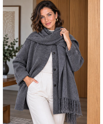 Comprar casaco de lã batida feminino corte solto cinza em promoção Anellimn