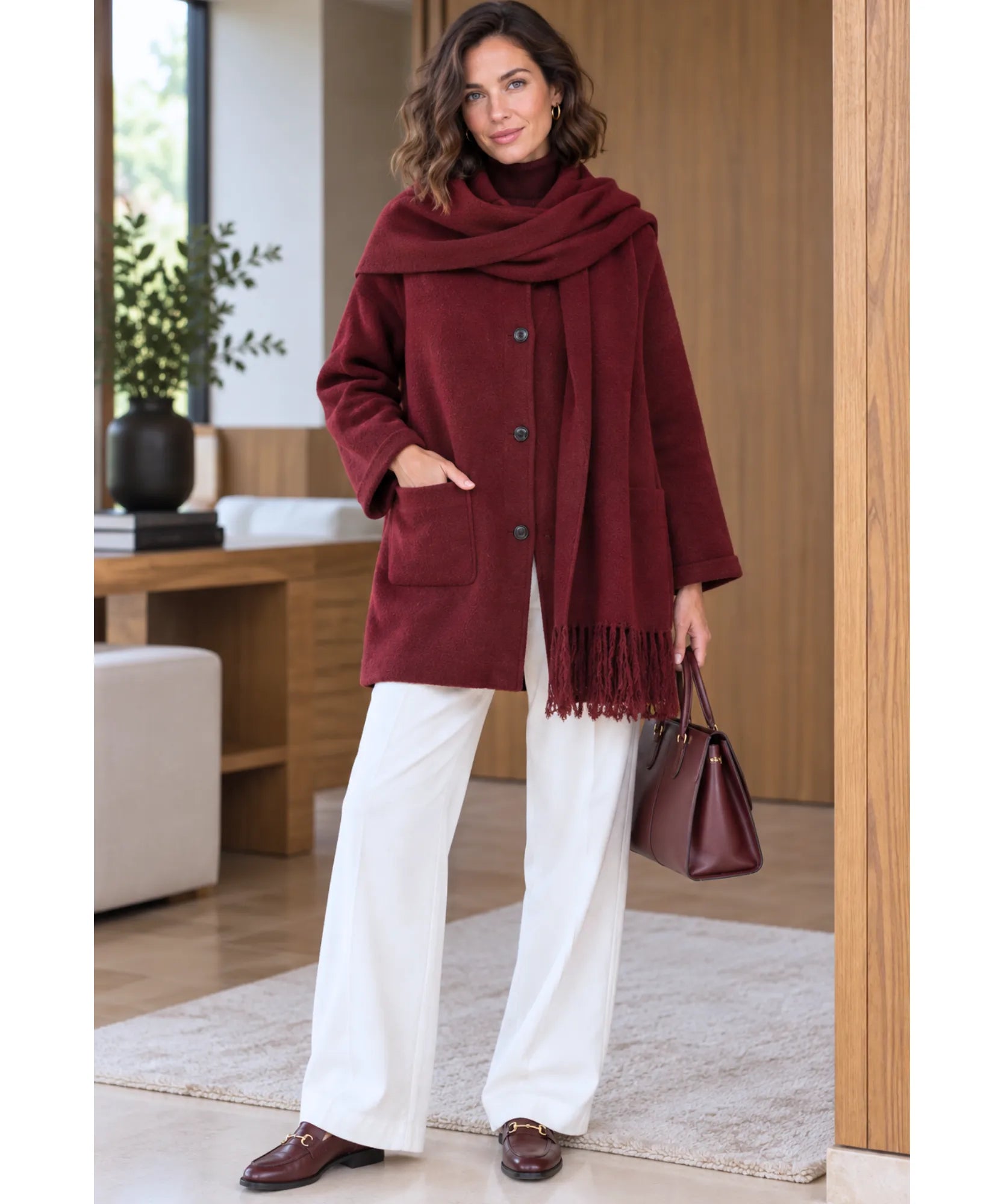 Comprar casaco de lã batida feminino com cachecol vinho em promoção Anellimn