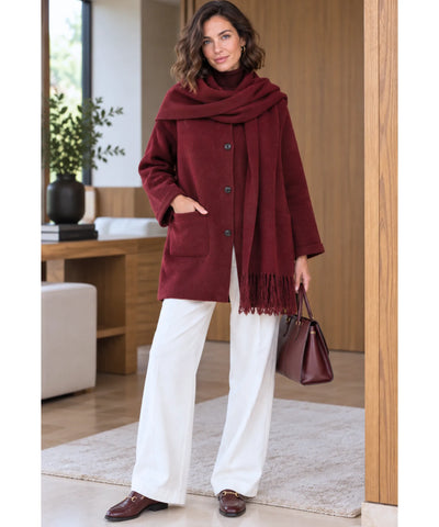 Comprar casaco de lã batida feminino com cachecol vinho em promoção Anellimn