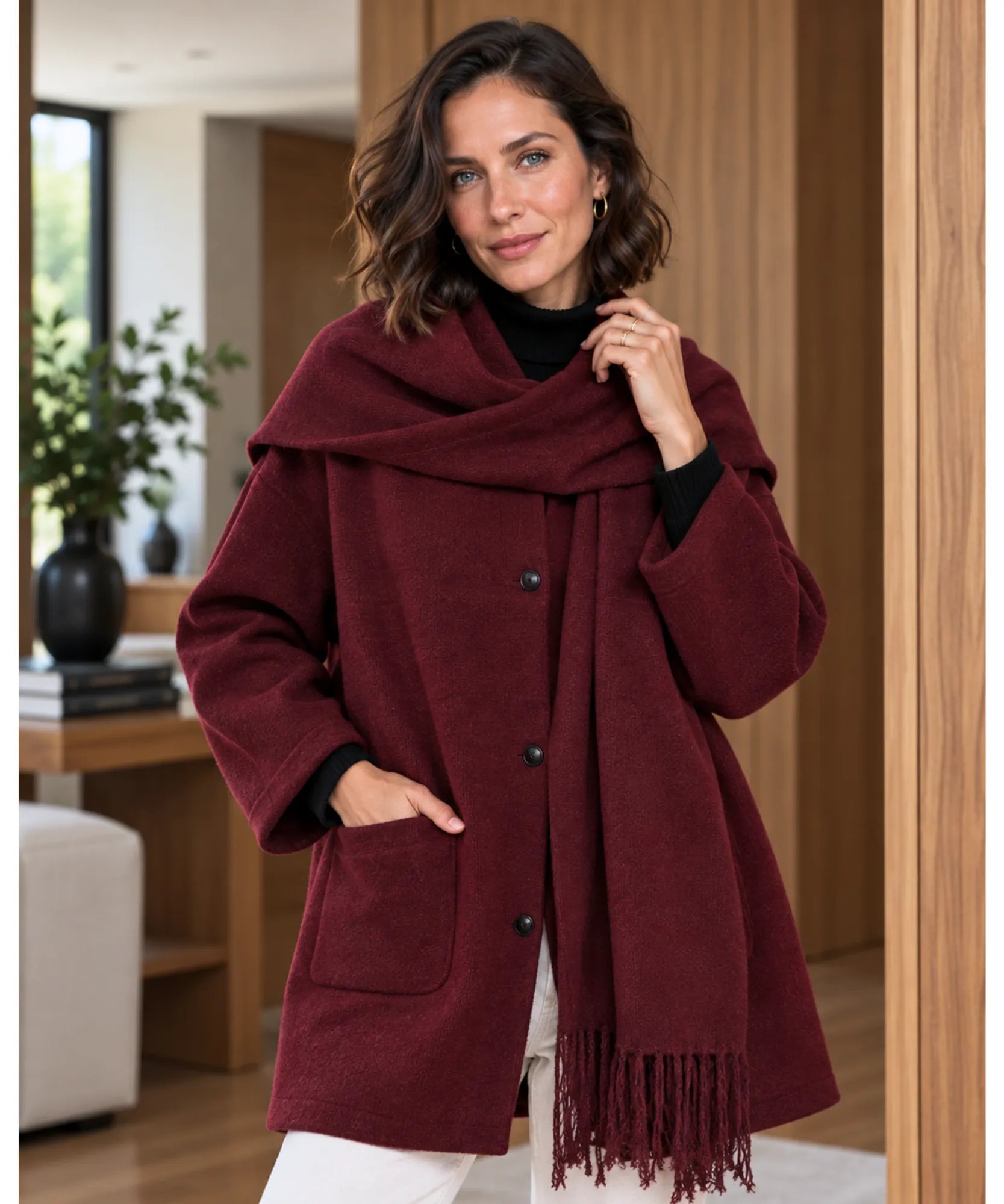 Comprar casaco de lã batida feminino encorpado vinho em promoção Anellimn