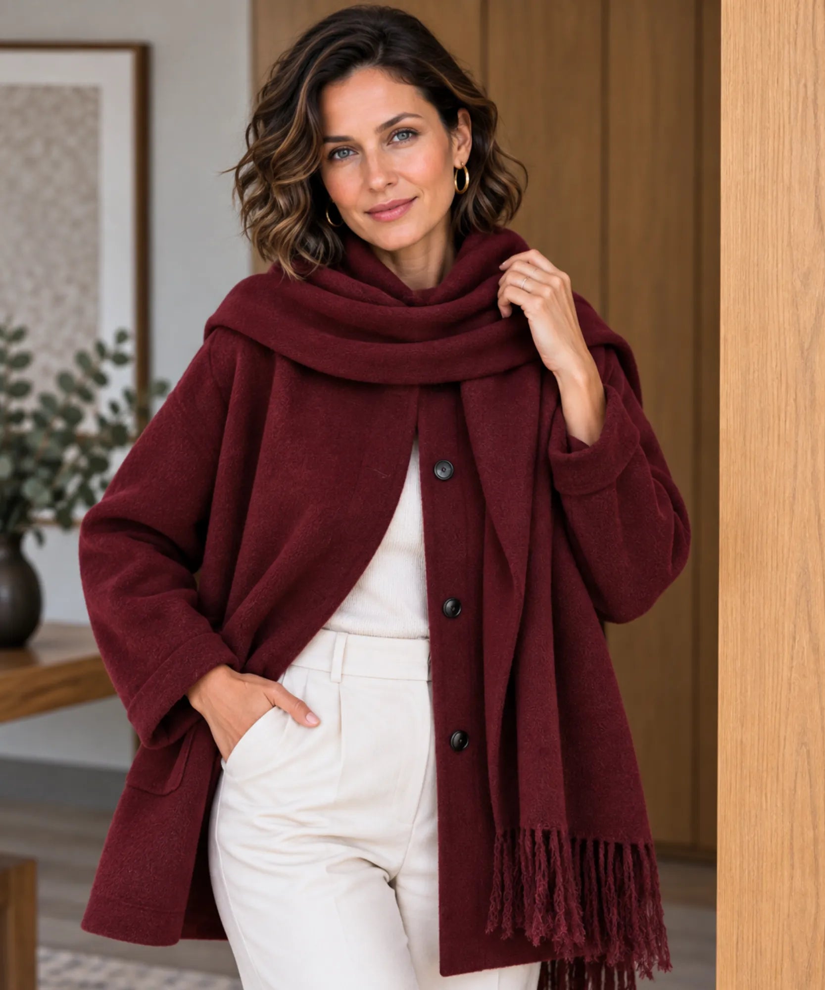 Comprar casaco de lã batida feminino corte solto vinho em promoção Anellimn