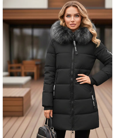 Casaco Feminino de Inverno Longo Com Capuz e Gola De Pelo | Nuna