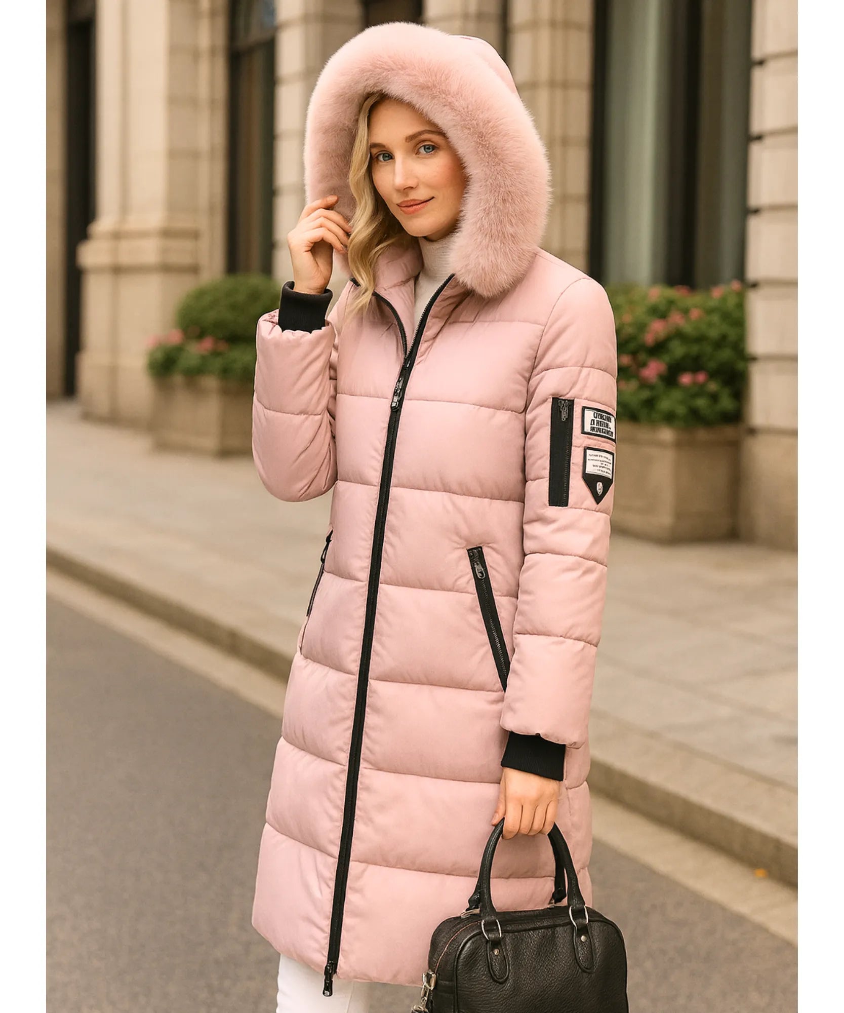 Comprar casaco feminino de inverno longo rosa acolchoado com gola de pelo removível e capuz para dias frios e elegantes em promoção ZARA
