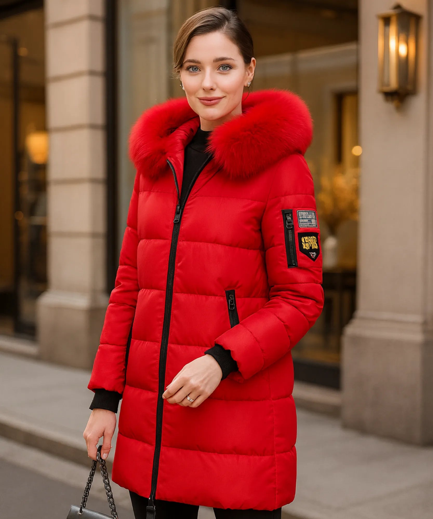 Comprar casaco feminino de inverno longo vermelho acolchoado com gola de pelo removível e capuz para dias frios e elegantes em promoção ZARA

