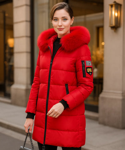Comprar casaco feminino de inverno longo vermelho acolchoado com gola de pelo removível e capuz para dias frios e elegantes em promoção ZARA
