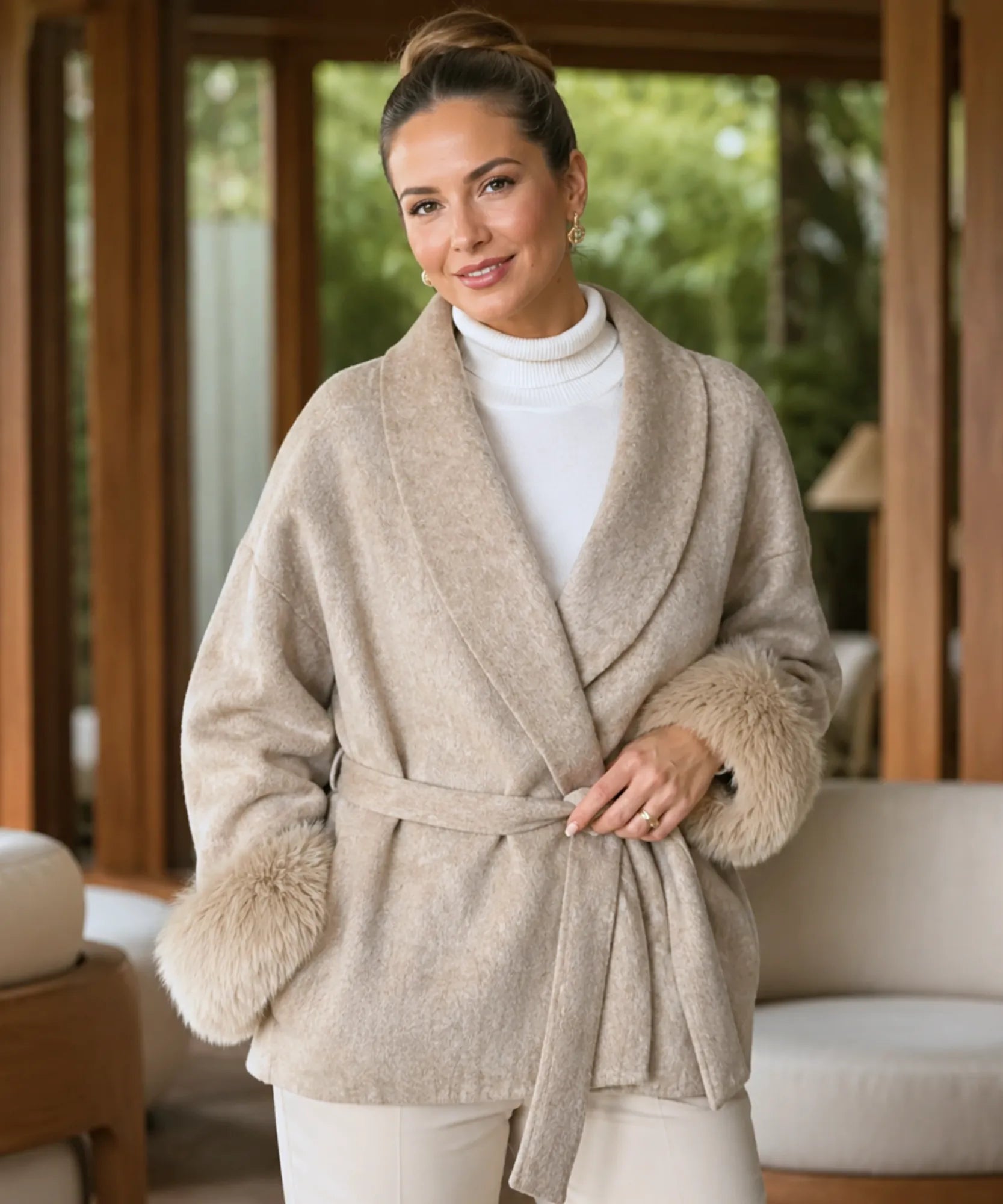Comprar casaco de lã caxemira feminino punhos pelo sintético cinto amarração gola xale inverno barato em promoção ANELLIMN