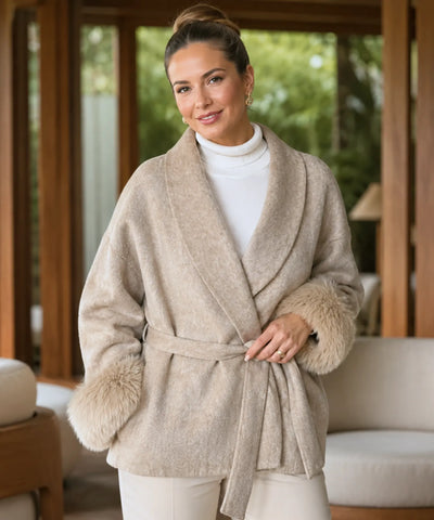 Comprar casaco de lã caxemira feminino punhos pelo sintético cinto amarração gola xale inverno barato em promoção ANELLIMN