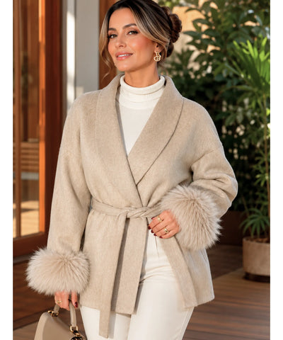 Comprar casaco de lã caxemira feminino punhos pelo sintético cinto amarração gola xale inverno barato em promoção ANELLIMN