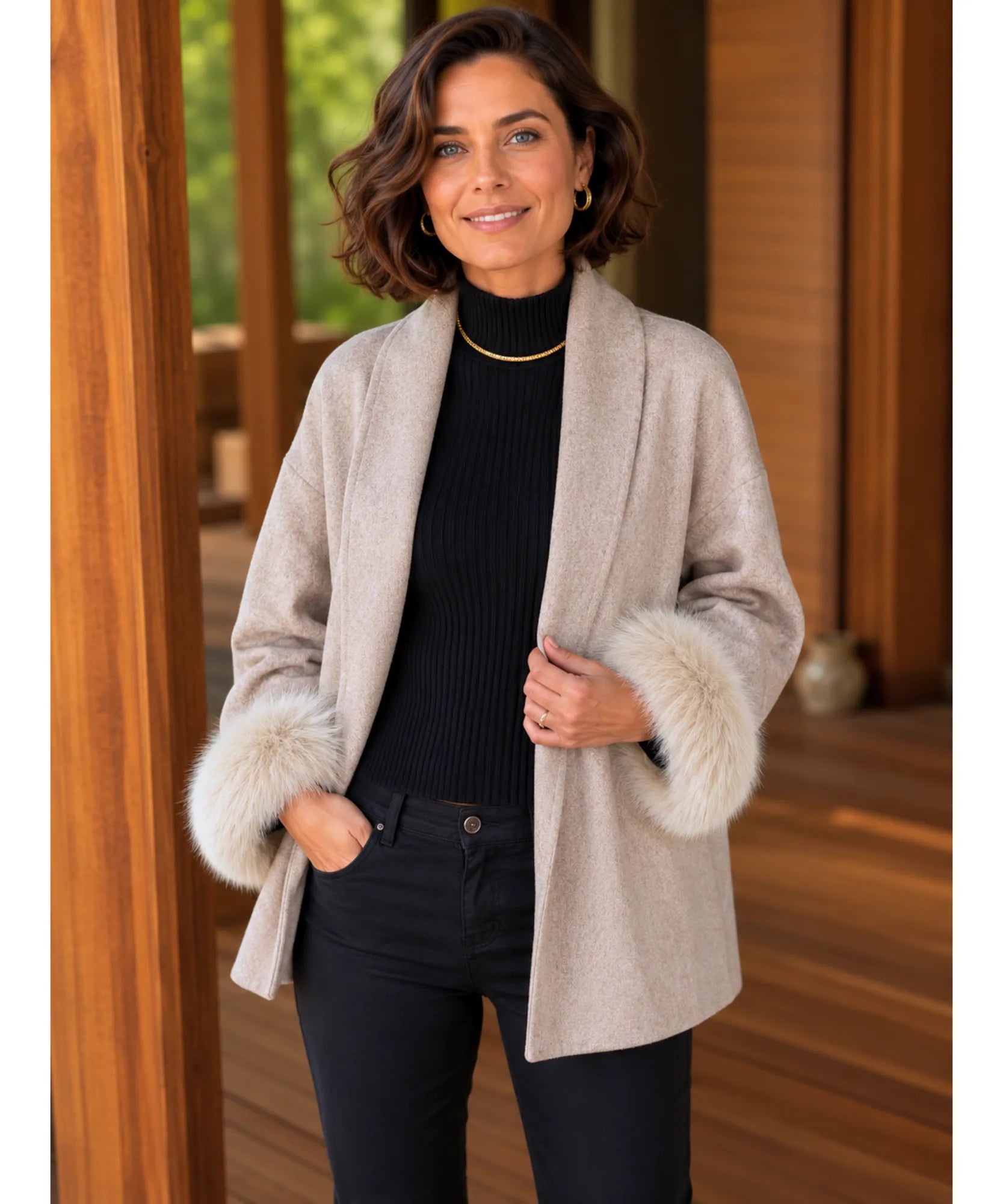 Comprar casaco de lã caxemira feminino punhos pelo sintético cinto amarração gola xale inverno barato em promoção ANELLIMN