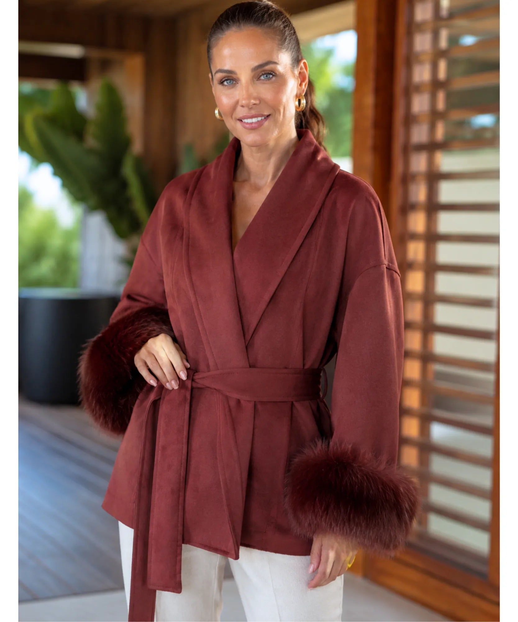 Comprar casaco de lã caxemira feminino punhos pelo sintético cinto amarração gola xale inverno barato em promoção ANELLIMN