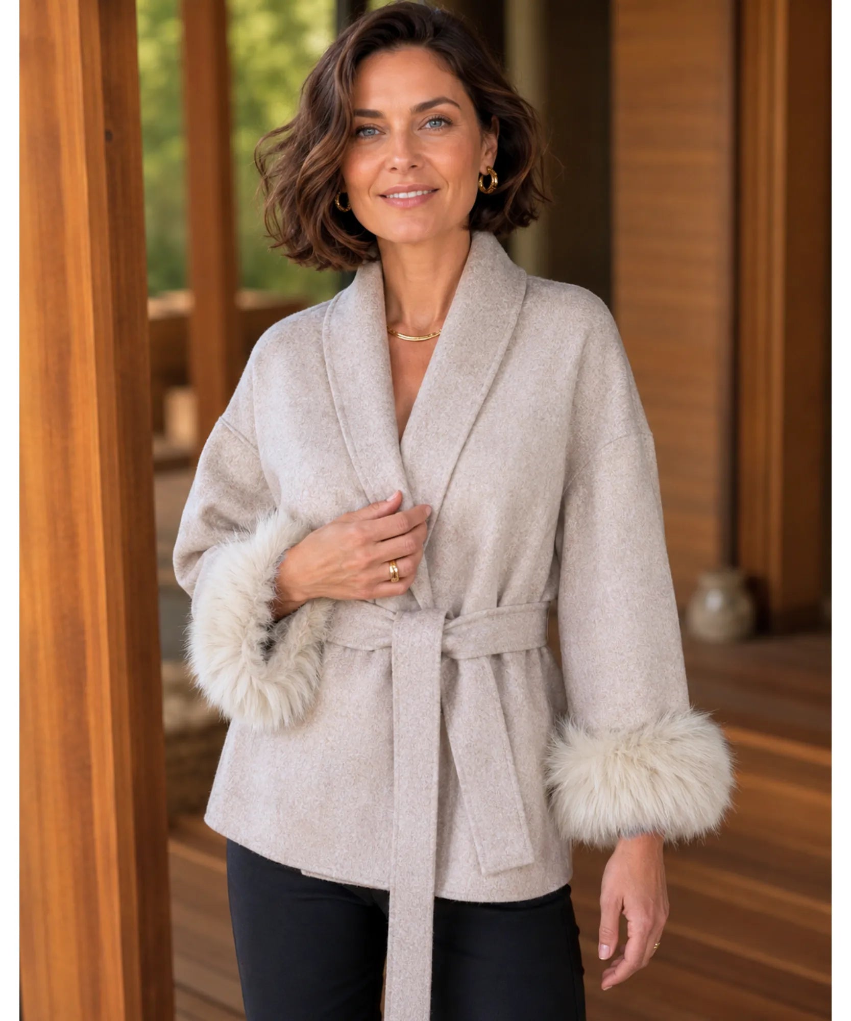 Comprar casaco de lã caxemira feminino punhos pelo sintético cinto amarração gola xale inverno barato em promoção ANELLIMN
