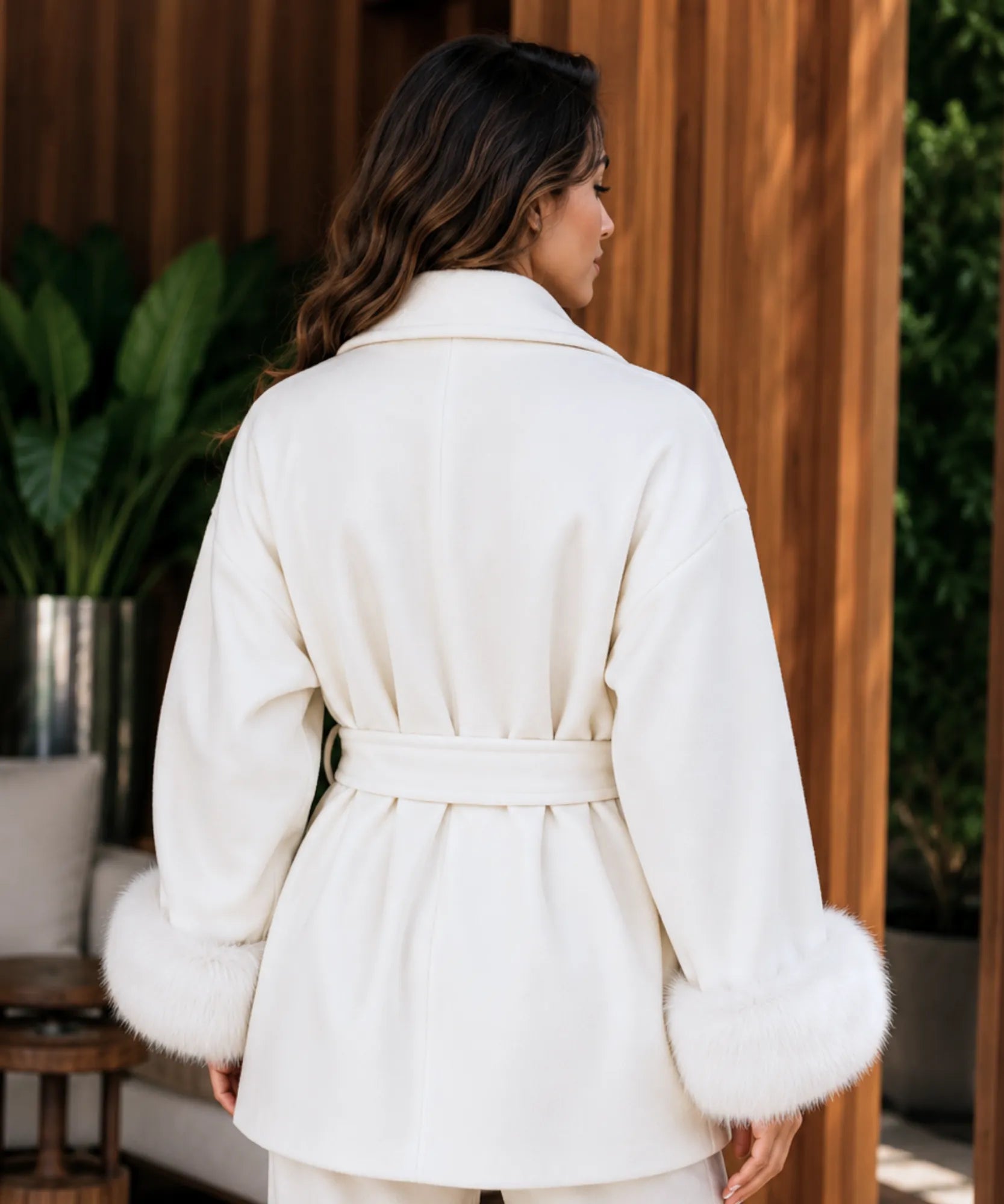 Comprar casaco de lã caxemira feminino punhos pelo sintético cinto amarração gola xale inverno barato em promoção ANELLIMN