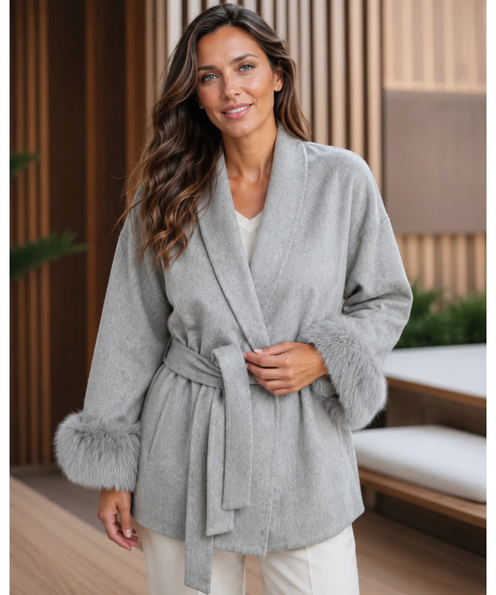 Comprar casaco de lã caxemira feminino punhos pelo sintético cinto amarração gola xale inverno barato em promoção ANELLIMN