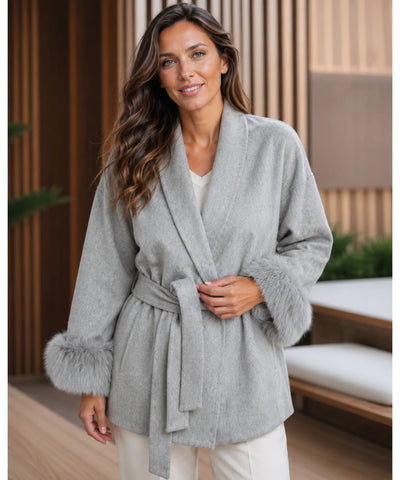 Comprar casaco de lã caxemira feminino punhos pelo sintético cinto amarração gola xale inverno barato em promoção ANELLIMN