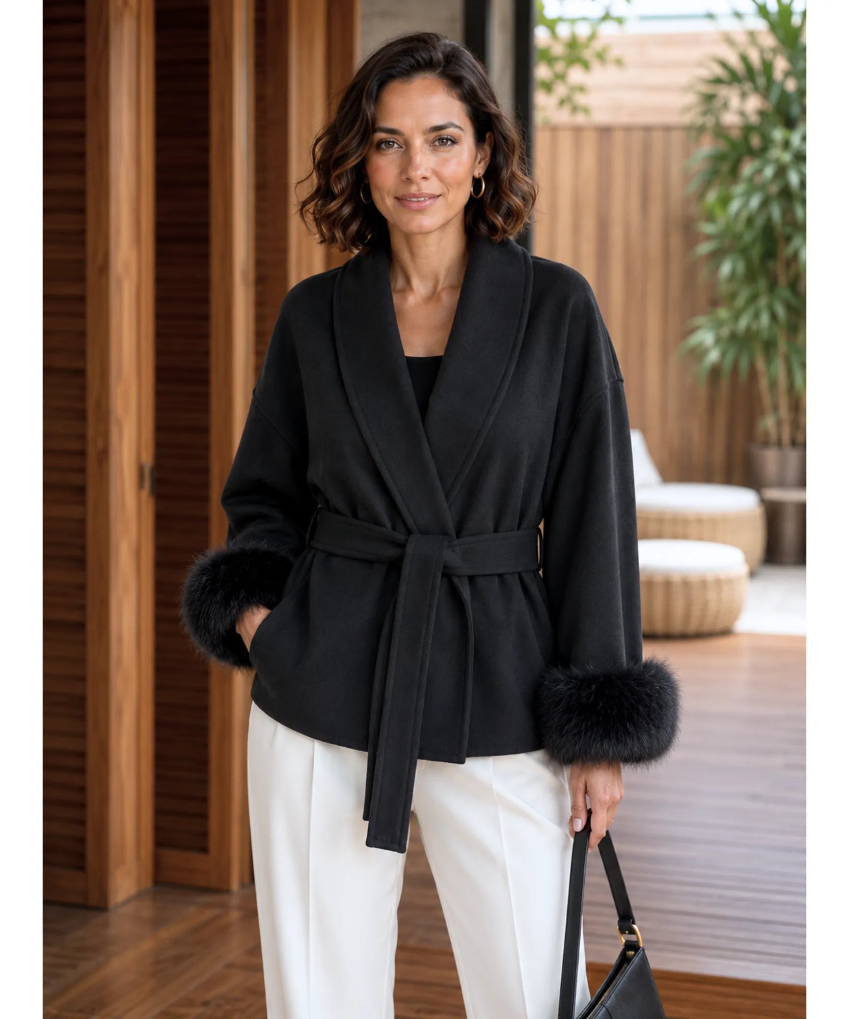 Comprar casaco de lã caxemira feminino punhos pelo sintético cinto amarração gola xale inverno barato em promoção ANELLIMN