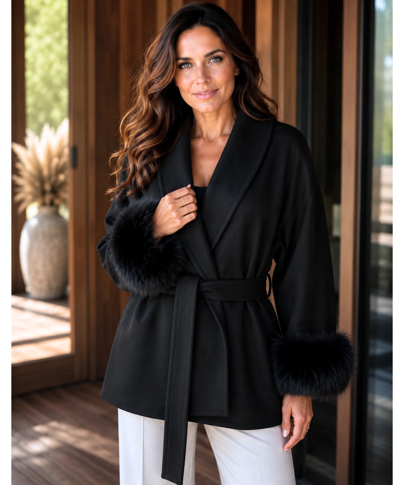 Comprar casaco de lã caxemira feminino punhos pelo sintético cinto amarração gola xale inverno barato em promoção ANELLIMN