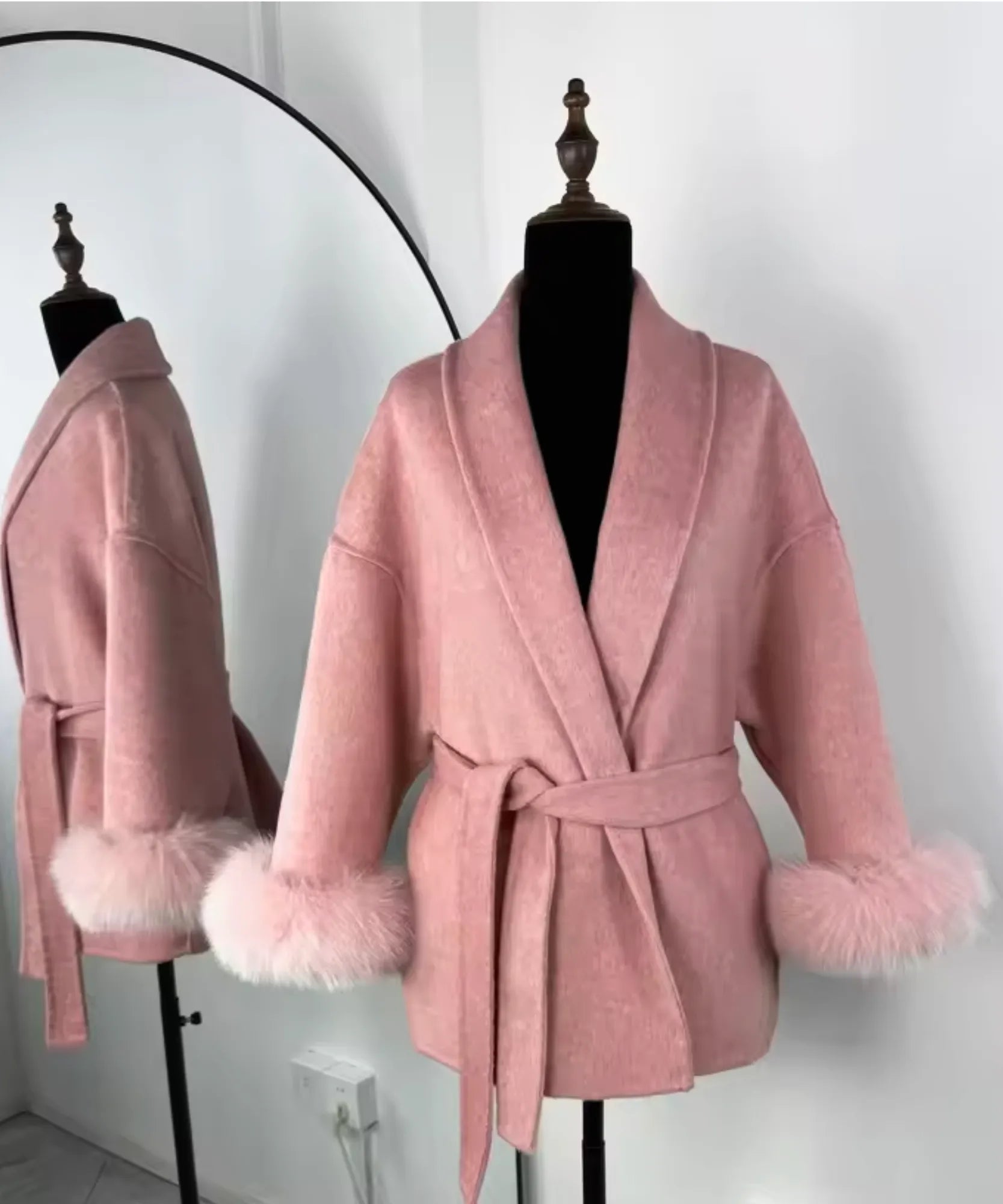 Comprar casaco de lã caxemira feminino punhos pelo sintético cinto amarração gola xale inverno barato em promoção ANELLIMN