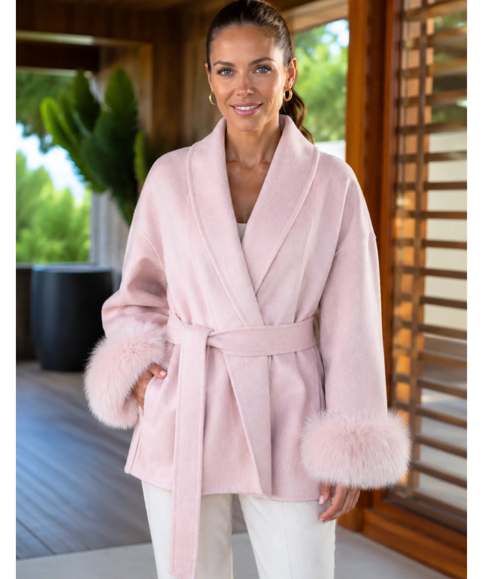 Comprar casaco de lã caxemira feminino punhos pelo sintético cinto amarração gola xale inverno barato em promoção ANELLIMN
