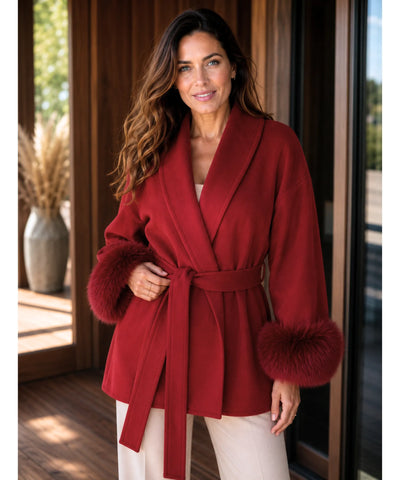 Comprar casaco de lã caxemira feminino punhos pelo sintético cinto amarração gola xale inverno barato em promoção ANELLIMN