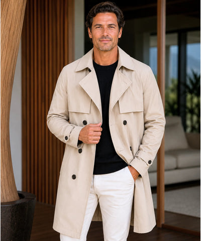 Comprar casaco masculino trench coat longo leve cinto ajustável lapela casual elegante barato ANELLIMN