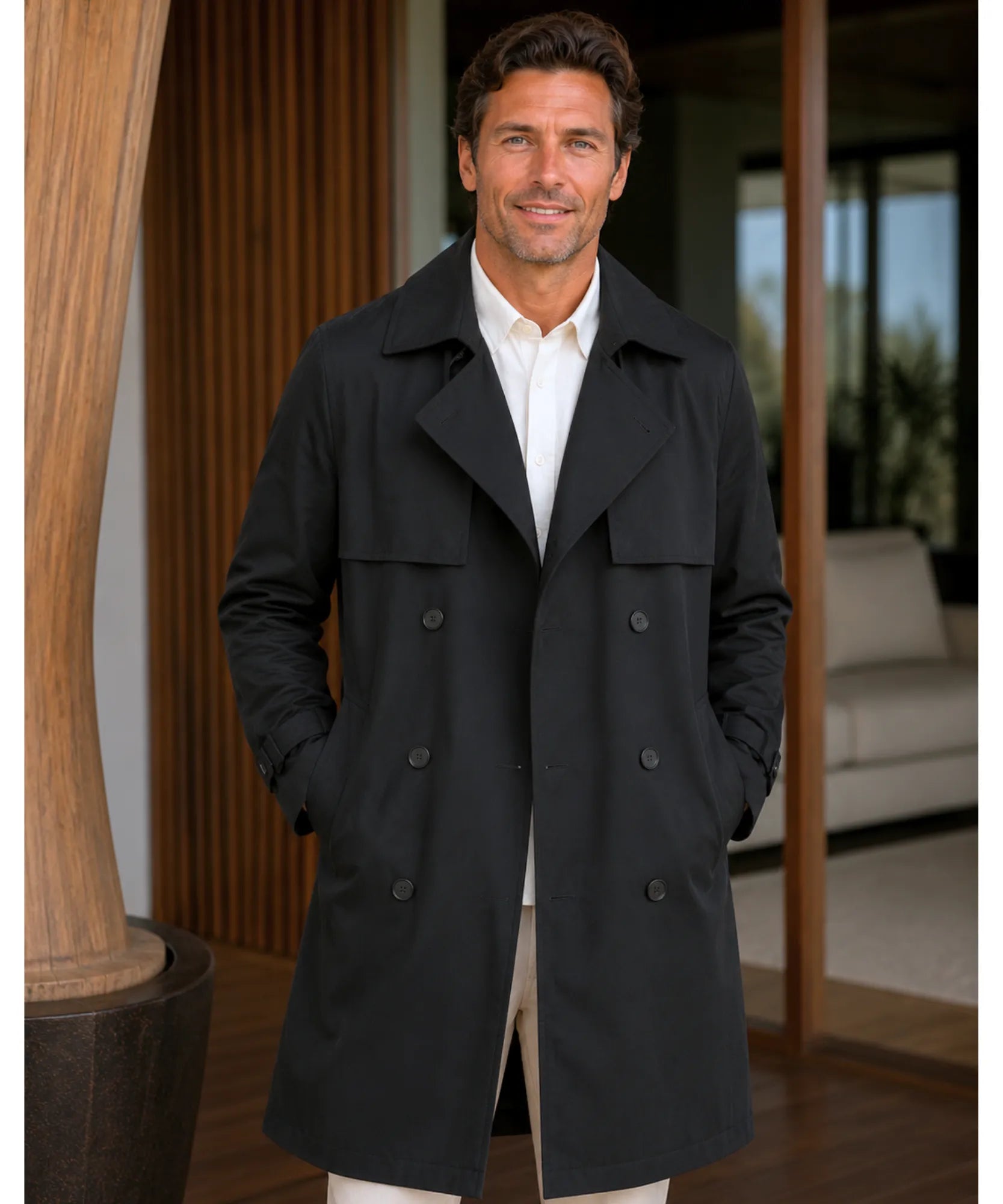 Comprar casaco masculino trench coat longo leve cinto ajustável lapela casual elegante barato ANELLIMN