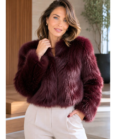 Casaco de pelo feminino curto elegante com forro macio e acabamento sofisticado para inverno, noite ou eventos barato ANELLIMN