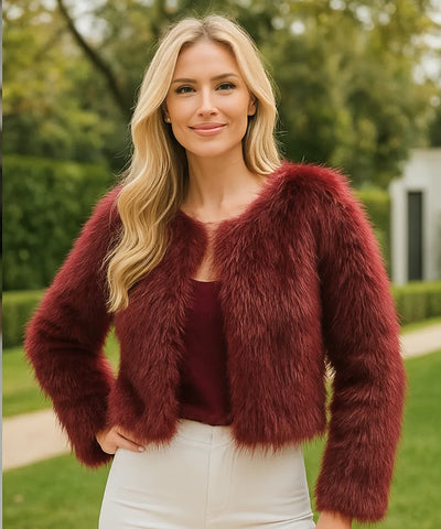 Casaco de pelo feminino curto vinho elegante com forro macio e acabamento sofisticado para inverno, noite ou eventos em promoção ZARA
