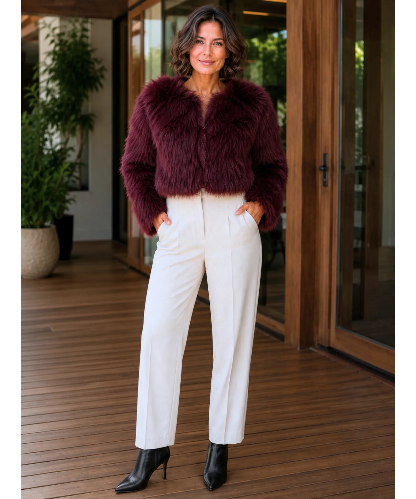 Casaco de pelo feminino curto elegante com forro macio e acabamento sofisticado para inverno, noite ou eventos barato ANELLIMN